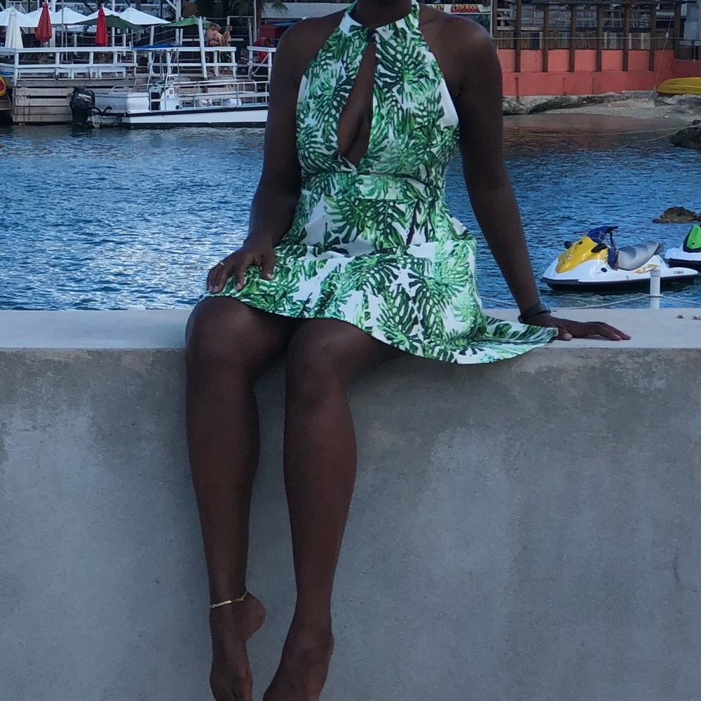 Green Dress w/high Button Neck and Low Scoop Back